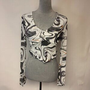 Princess Poly Top Womens Size 6/8(est) Mesh Cropped Sheer Babydoll Abstract